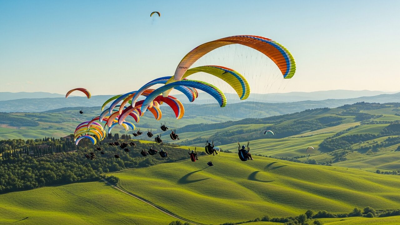 Gruppo di appassionati di parapendio in Toscana