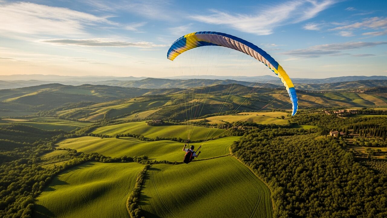 Acrobatic paraglider performing a maneuver over Tuscany