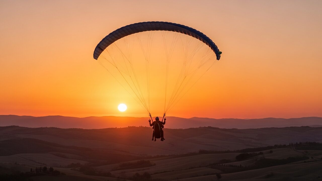 Free tandem paraglider in flight at sunset over Tuscany