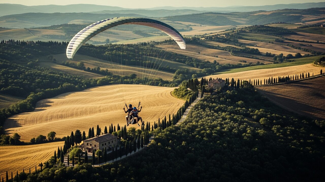 Tandem-Gleitschirm im Flug über den Hügeln der Toskana